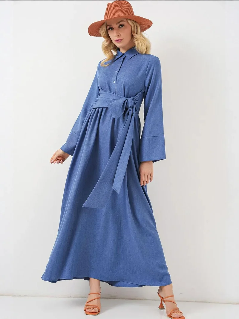 BIG DART BDART Long Sleeve A-Form Maxi Dress with Waistband Detail
