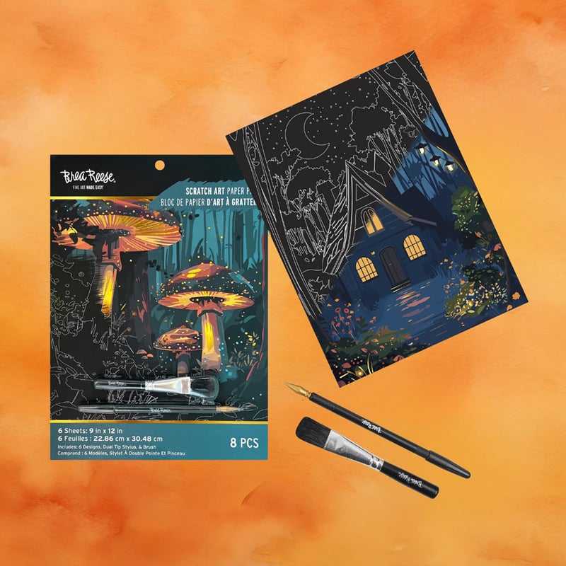 Brea Reese: Scratch Art Paper Pad - Magical Forest - 6 Designs, Guided Art, Metallic Accents, Stylus & Brush, Perforated 9x12 Pages, DIY Adult Craft - Image 4
