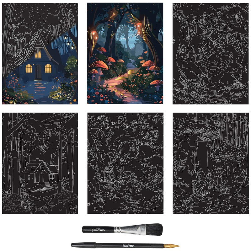 Brea Reese: Scratch Art Paper Pad - Magical Forest - 6 Designs, Guided Art, Metallic Accents, Stylus & Brush, Perforated 9x12 Pages, DIY Adult Craft - Image 3