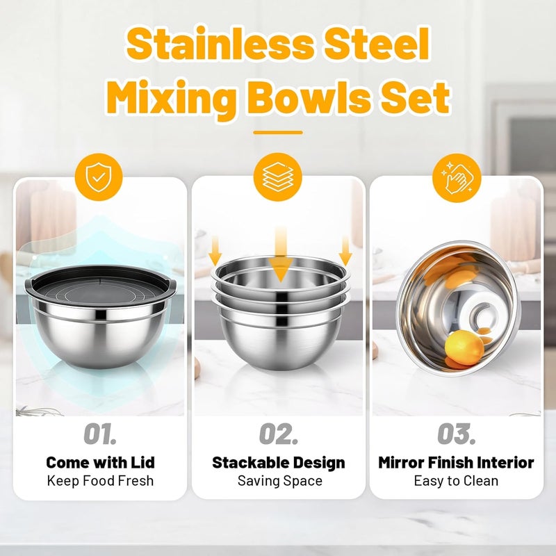 Beasea Stainless Steel Mixing Bowl Set of 3, 2 QT Stackable Metal Mixing Bowls with Lids for Baking, Prepping, Serving, Stainless Nesting Bowl with Black Lids for Kitchen, Salad, Dough - Image 3