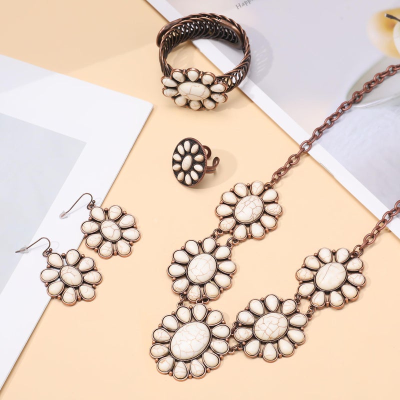 JMScape 4 PCS Western Turquoise Jewelry for Women Boho Vintage Navajo Pearl Necklace Earring Bracelet Ring Set Country Cowgirl Accessories for Gift (K-White) - Image 3