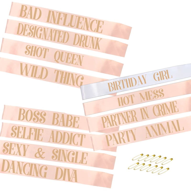 ANGREEL 12Pcs Party Sashes Set White Girl Sash 11pcs Rose Gold Satin Sashes for Womens Birthday Party Gifts Decorations
