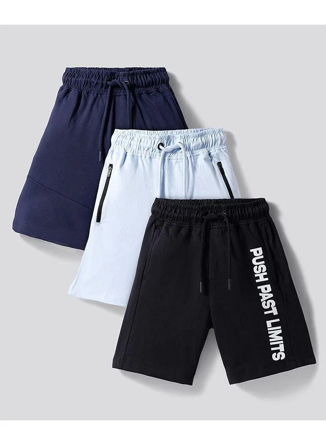 Primo Gino Primo Gino 100% Cotton French Terry Knit Knee Length Solid and Text Printed Shorts (Pack of 3) - Blue & Black