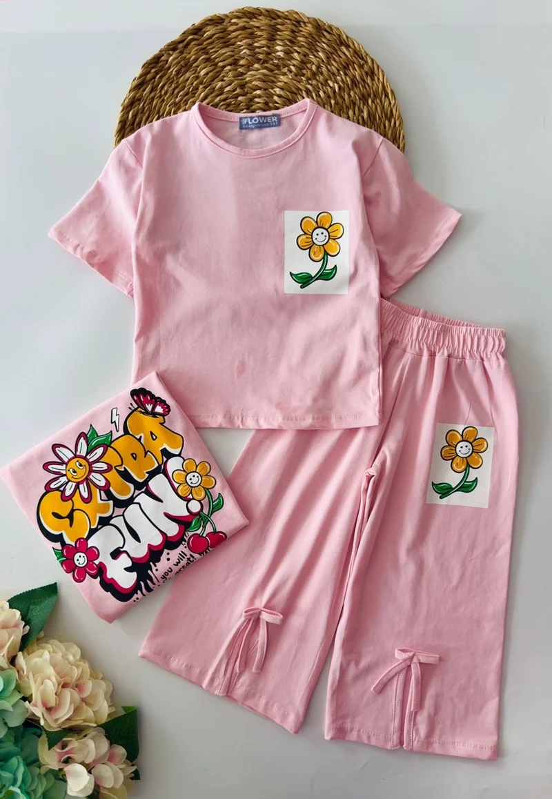 Miniğimin Cicileri My Little One's Cicileri Fun Back and Front Printed Slit Detailed 2-Piece Set - Pink