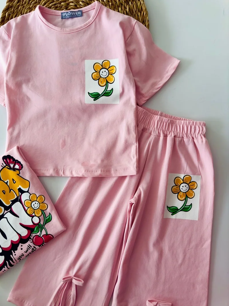 Miniğimin Cicileri My Little One's Cicileri Fun Back and Front Printed Slit Detailed 2-Piece Set - Pink