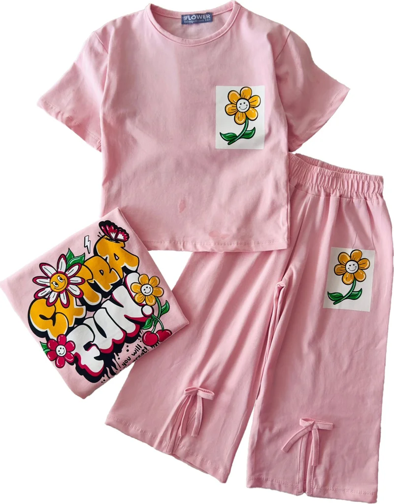 Miniğimin Cicileri My Little One's Cicileri Fun Back and Front Printed Slit Detailed 2-Piece Set - Pink