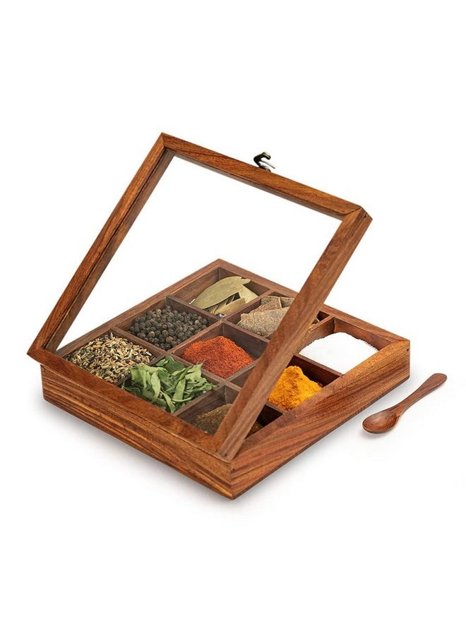ExclusiveLane - ExclusiveLane Wooden Indian Spice Box With Spoon (9 Partitions, 50 ML Each, Sheesham Wood) - Indian Spice Boxes for Kitchen Masala Dabba Wooden Masala Box Masala Daani Namak Dani Spice Container Rack - Image 1