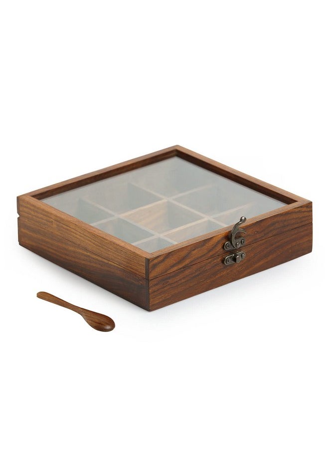 ExclusiveLane - ExclusiveLane Wooden Indian Spice Box With Spoon (9 Partitions, 50 ML Each, Sheesham Wood) - Indian Spice Boxes for Kitchen Masala Dabba Wooden Masala Box Masala Daani Namak Dani Spice Container Rack - Image 1