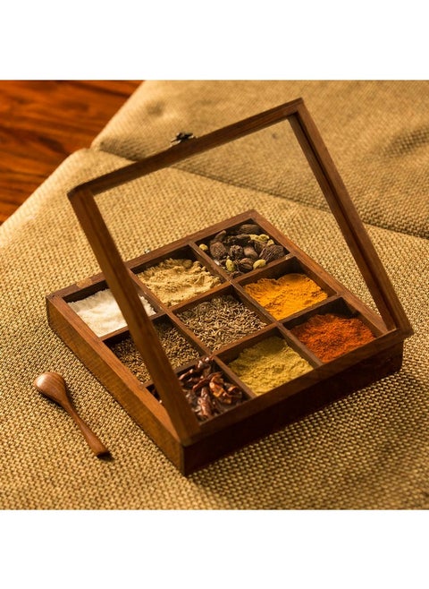 ExclusiveLane Wooden Indian Spice Box With Spoon (9 Partitions, 50 ML Each, Sheesham Wood) - Indian Spice Boxes for Kitchen Masala Dabba Wooden Masala Box Masala Daani Namak Dani Spice Container Rack