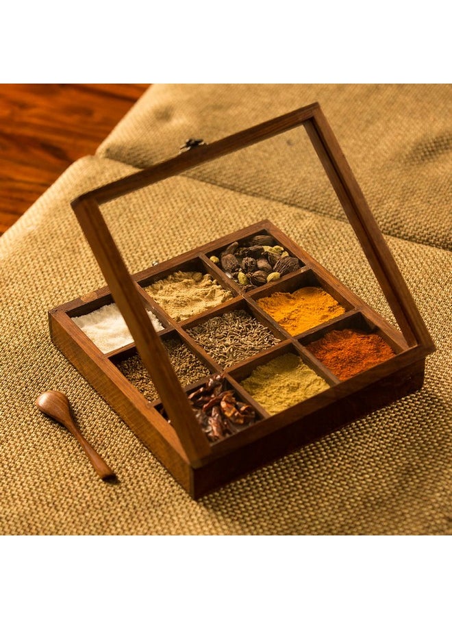 ExclusiveLane - ExclusiveLane Wooden Indian Spice Box With Spoon (9 Partitions, 50 ML Each, Sheesham Wood) - Indian Spice Boxes for Kitchen Masala Dabba Wooden Masala Box Masala Daani Namak Dani Spice Container Rack - Image 1