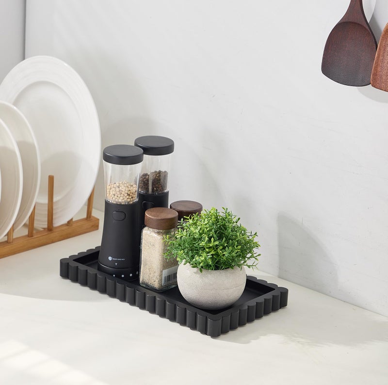 Aotea Crafts Scalloped Bathroom Vanity Tray for Countertop- Small Concrete Modern Industrial Minimalist Counter Vanity Organizer Tray for Dresser- Decorative Tray-11.8"L x 6.37"W x 1"H- Charcoal Black- Water-proof - Image 4
