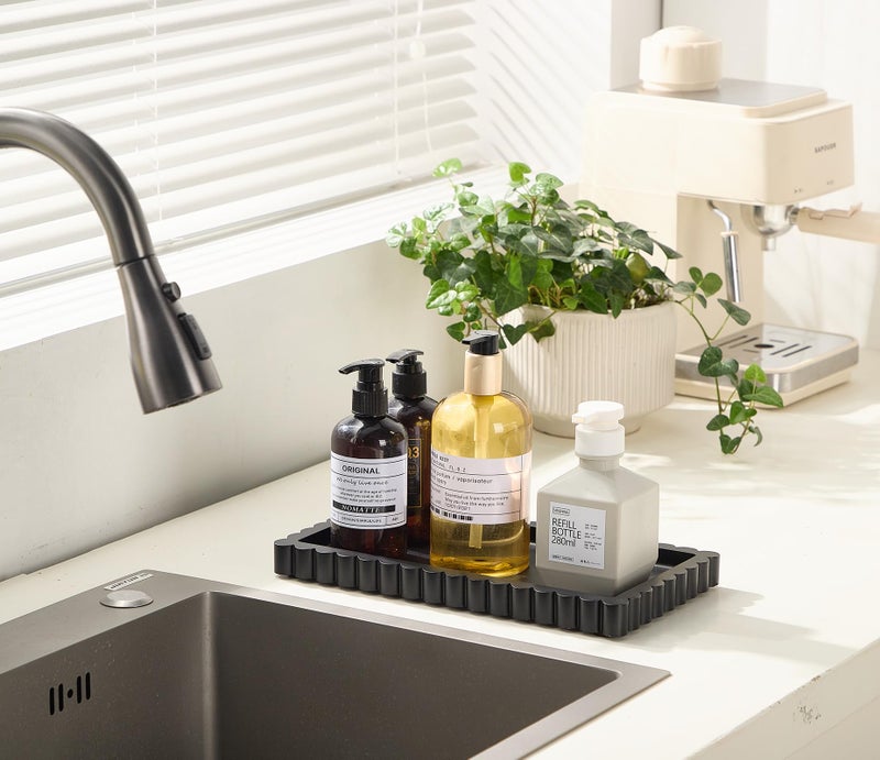 Aotea Crafts Scalloped Bathroom Vanity Tray for Countertop- Small Concrete Modern Industrial Minimalist Counter Vanity Organizer Tray for Dresser- Decorative Tray-11.8"L x 6.37"W x 1"H- Charcoal Black- Water-proof - Image 3