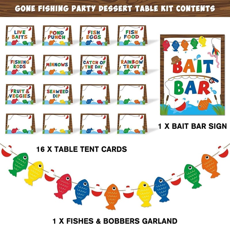 Yaaaaasss! Gone Fishing Party Decorations Fishing Birthday Party Decorations Include Fishing Banner Food Labels Bait Bar Bobber Dessert Food Buffet for Fishing Themed Party Decorations - Image 2