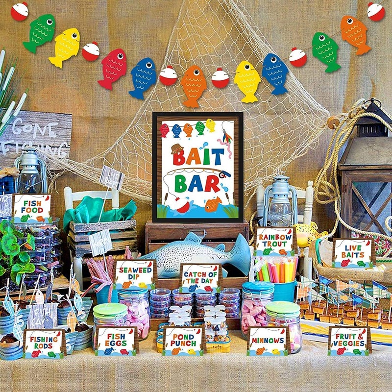 Yaaaaasss! Gone Fishing Party Decorations Fishing Birthday Party Decorations Include Fishing Banner Food Labels Bait Bar Bobber Dessert Food Buffet for Fishing Themed Party Decorations - Image 1