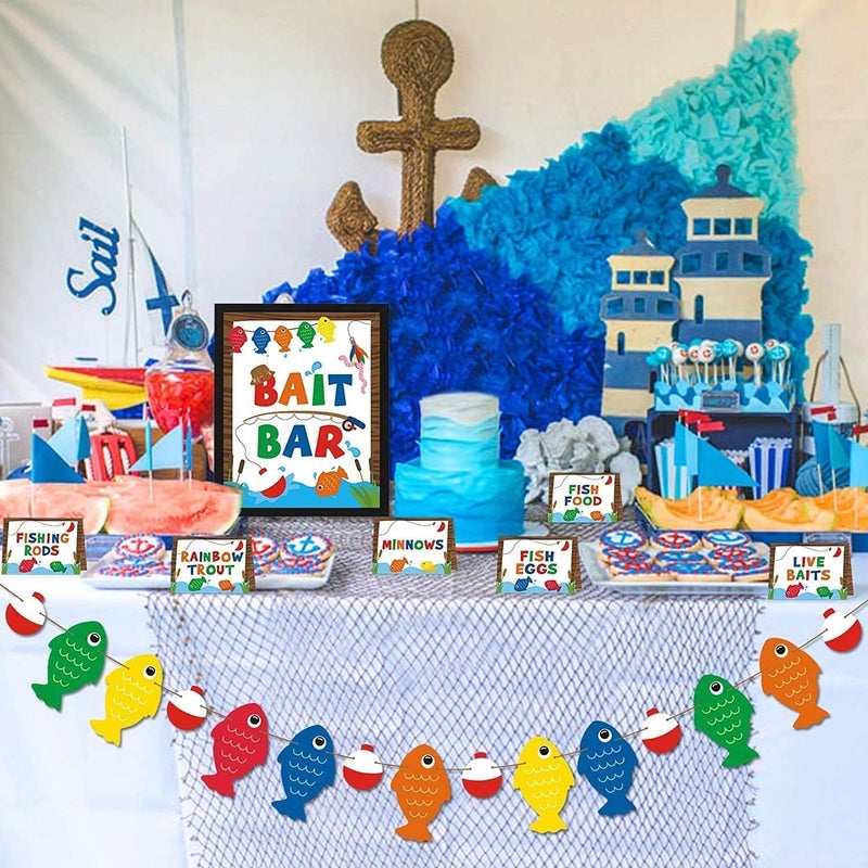 Yaaaaasss! Gone Fishing Party Decorations Fishing Birthday Party Decorations Include Fishing Banner Food Labels Bait Bar Bobber Dessert Food Buffet for Fishing Themed Party Decorations - Image 5