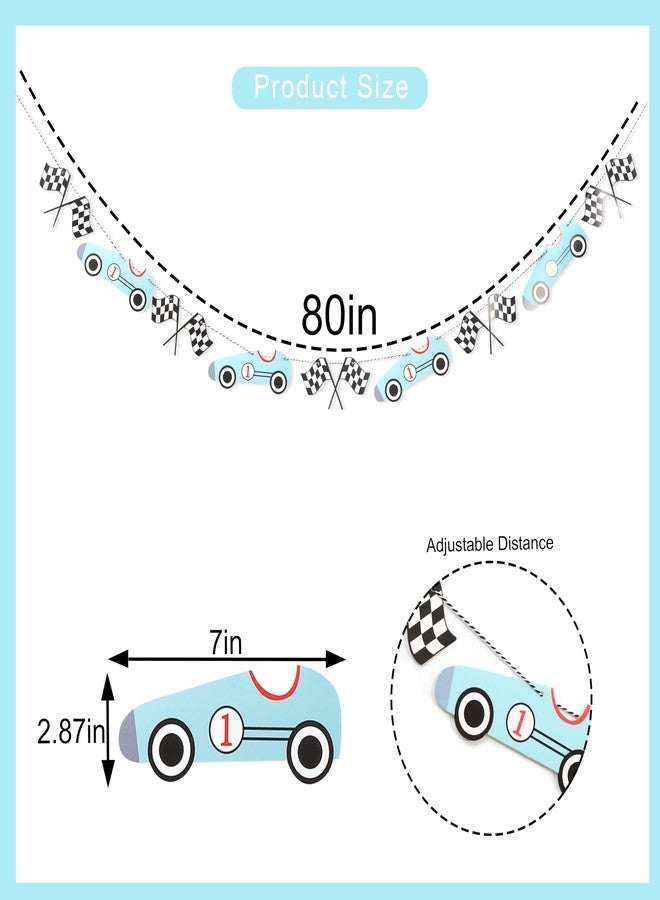 UOAOU Vintage Race Car Banner - Racing Birthday Party Decoration,Theme Birthday Decoration,Checkered Banner for Sports Theme Party Supplies (Blue) - Image 2