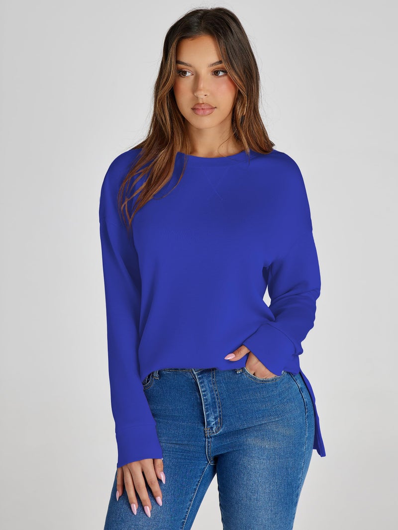 Glamaker Women's Fall Long Sleeve Crewneck Sweatshirt Air Essentials Soft Oversized Pullover Sweatshirts Royal Blue S - Image 2