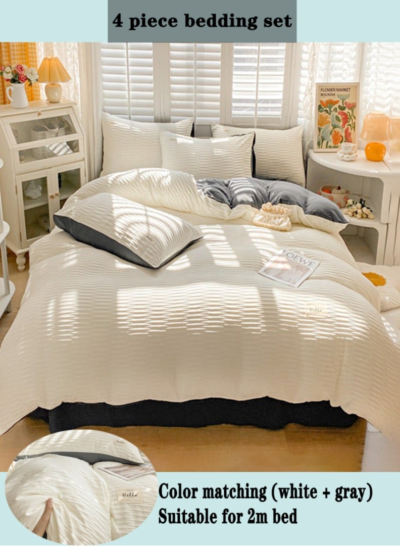 مون طقم أغطية سرير مكون من 4 قطع من سلسلة سيرساكر الناعمة القابلة للتنفس المصنوعة من القطن المغسول بلون سادة بسيط من القطن ملاءة سرير غطاء لحاف غطاء لحاف (200*230 سم) ملاءة سرير (230*250 م) غطاء وسادة * 2 - Image 1