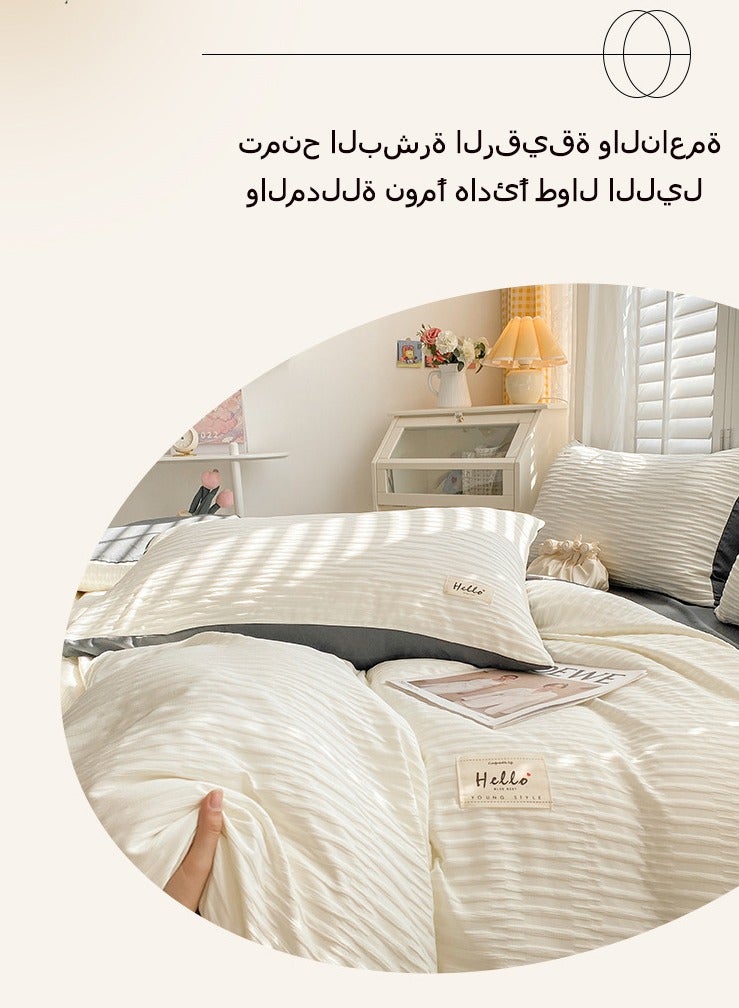 مون طقم أغطية سرير مكون من 4 قطع من سلسلة سيرساكر الناعمة القابلة للتنفس المصنوعة من القطن المغسول بلون سادة بسيط من القطن ملاءة سرير غطاء لحاف غطاء لحاف (200*230 سم) ملاءة سرير (230*250 م) غطاء وسادة * 2 - Image 5