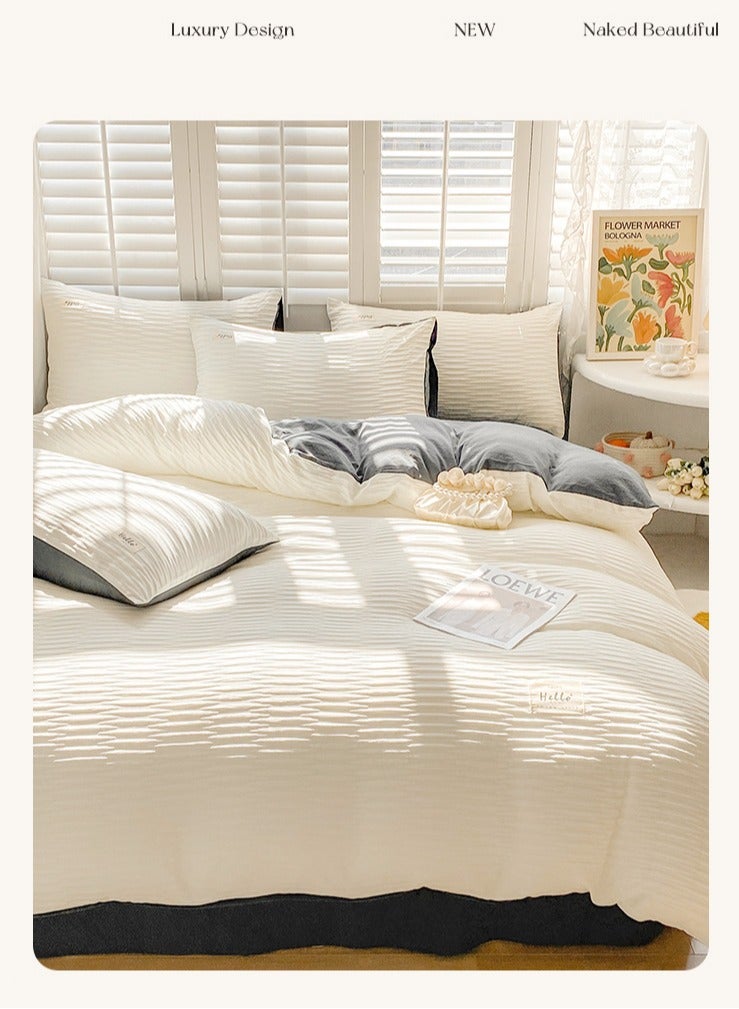 مون طقم أغطية سرير مكون من 4 قطع من سلسلة سيرساكر الناعمة القابلة للتنفس المصنوعة من القطن المغسول بلون سادة بسيط من القطن ملاءة سرير غطاء لحاف غطاء لحاف (200*230 سم) ملاءة سرير (230*250 م) غطاء وسادة * 2 - Image 3