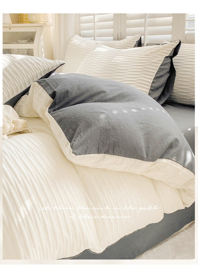 مون طقم أغطية سرير مكون من 4 قطع من سلسلة سيرساكر الناعمة القابلة للتنفس المصنوعة من القطن المغسول بلون سادة بسيط من القطن ملاءة سرير غطاء لحاف غطاء لحاف (200*230 سم) ملاءة سرير (230*250 م) غطاء وسادة * 2 - Image 4