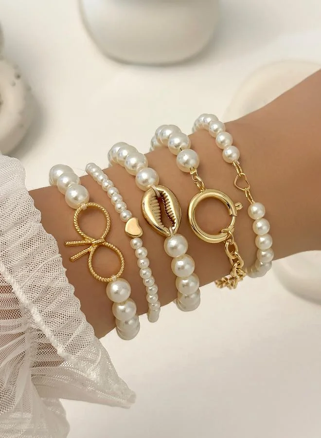 تايك تو مجموعة من 5 أساور يد مزينة بلؤلؤ صناعي