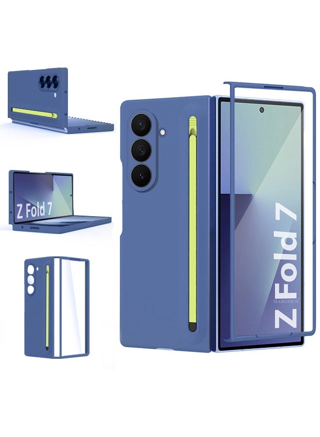 Case Cover and S Pen for Samsung Galaxy Z Fold 7, Slim Case with Built-in Compact S Pen, Holder and Storage Slot for Pen - Blue - Image 2