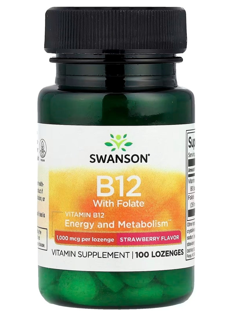Swanson, Vitamin B12 with Folate, Strawberry, 100 Lozenges