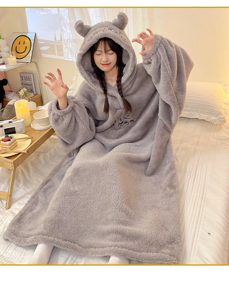 Little Devil Nightgown Winter Coral Velvet Thickeneded One-Piece Home Clothes For Men And Women Couples Same Style Oversized Pajamas Simple - Image 4