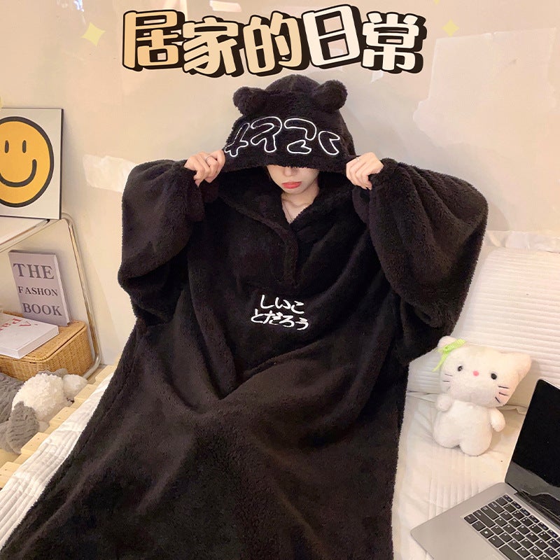 Little Devil Nightgown Winter Coral Velvet Thickeneded One-Piece Home Clothes For Men And Women Couples Same Style Oversized Pajamas Simple - Image 2