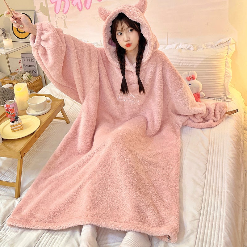 Little Devil Nightgown Winter Coral Velvet Thickeneded One-Piece Home Clothes For Men And Women Couples Same Style Oversized Pajamas Simple - Image 3