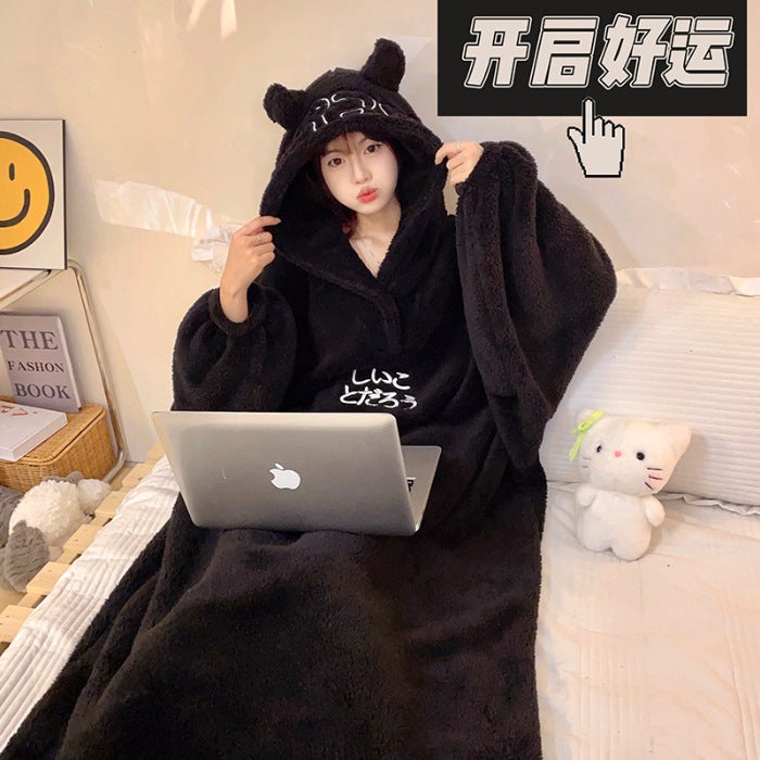 Little Devil Nightgown Winter Coral Velvet Thickeneded One-Piece Home Clothes For Men And Women Couples Same Style Oversized Pajamas Simple - Image 1