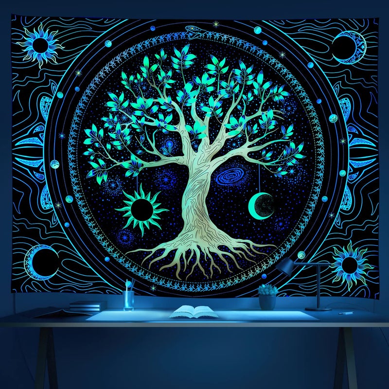 Tapestry for Bedroom Aesthetic Black Light Tree of Life Tapestrys UV Reactive Trippy Talestry Colorful Wall tapistry Sun Moon Space Tapestries Green Forest Wall Hanging Decor Nature Ceiling Tapastry