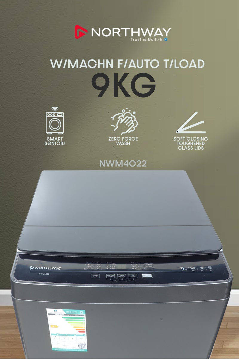 نورثواي غسالة ملابس أوتوماتيكية بالكامل بسعة 9 كجم – تصميم فاخر مع شاشة LED، مستشعر ذكي، حماية من السخونة الزائدة وغسل بدون ضغط (الموديل: NWM4022) - Image 2