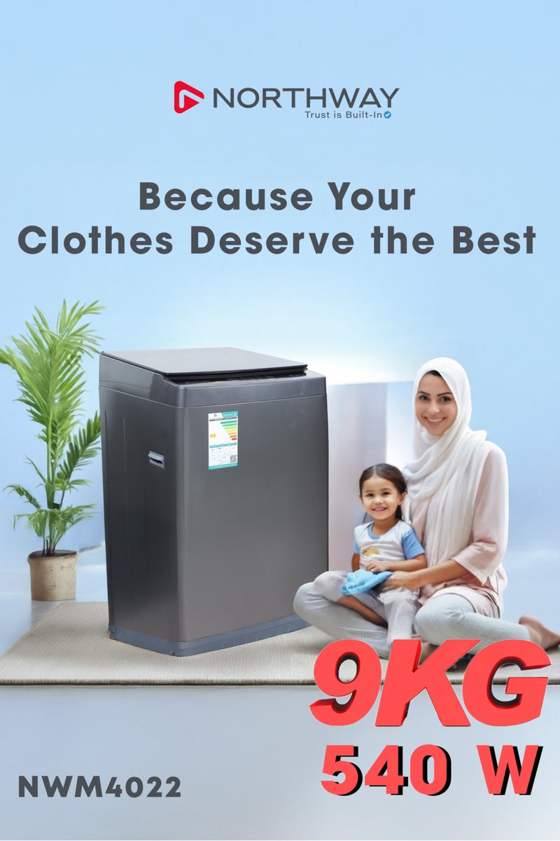 نورثواي غسالة ملابس أوتوماتيكية بالكامل بسعة 9 كجم – تصميم فاخر مع شاشة LED، مستشعر ذكي، حماية من السخونة الزائدة وغسل بدون ضغط (الموديل: NWM4022) - Image 4