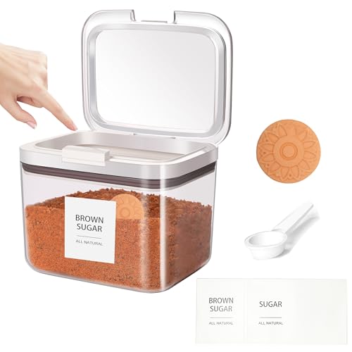 Euiaey Brown Sugar Container Airtight, Brown Sugar Keeper Storage Container with Spoon and Terracotta Savers for Softening, Stackable One-Touch Opening 1.3Qt(42Oz/1.2L) - Image 1