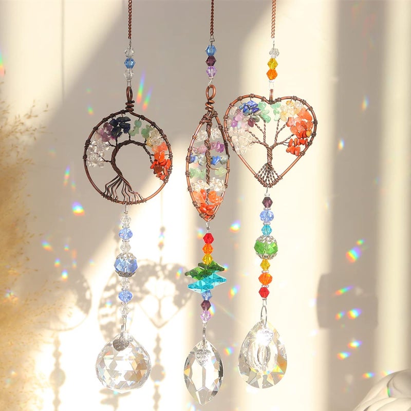 LPKADQA 3pcs Crystal Suncatchers for Windows Hanging Tree of Life Sun Catchers Decor with Prisms for Home Indoor Outdoor Car Making Rainbows 
