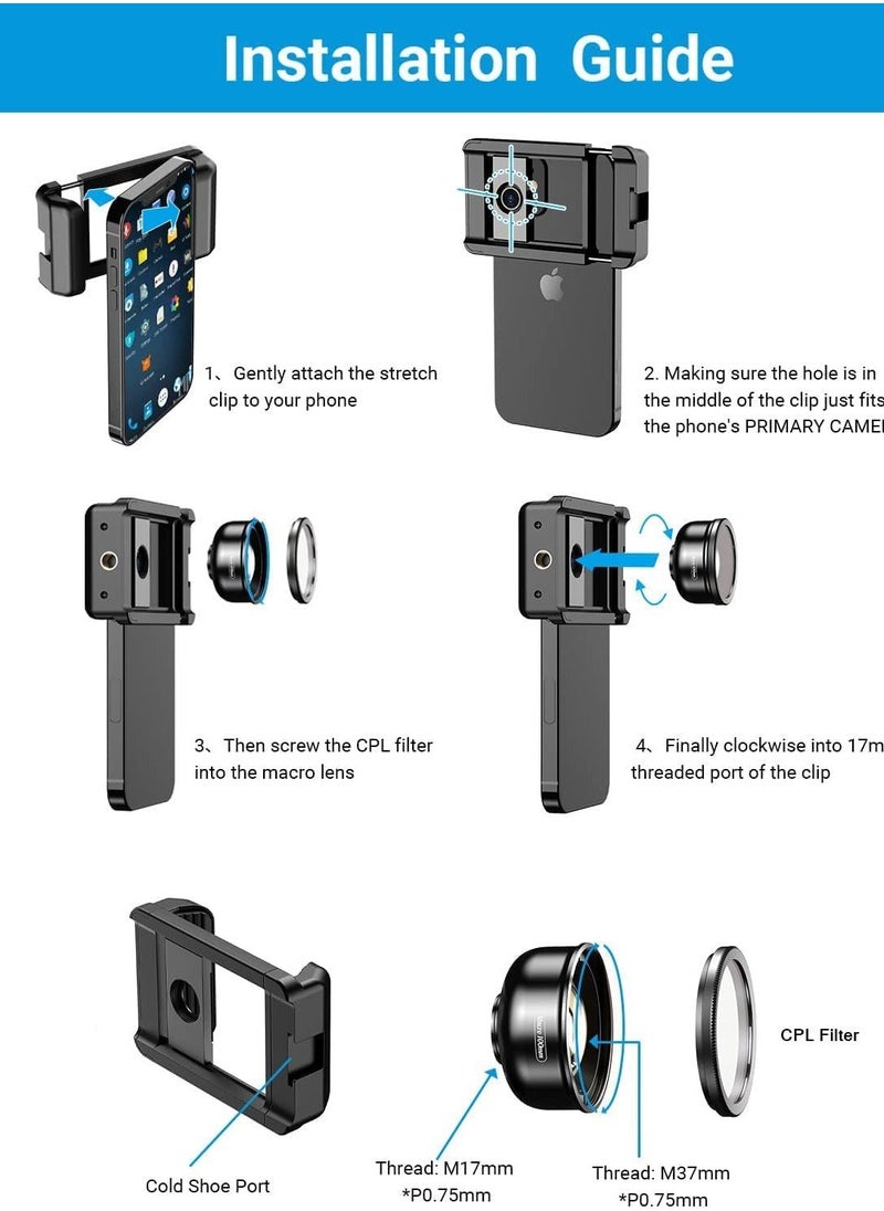 Y&D - Macro Lens Kit for Smartphone 10X + CPL Filter with Multi-Function Clip iPhone 14 14Pro Max Samsung Android Phone Fits Almost All Attachment - Image 1