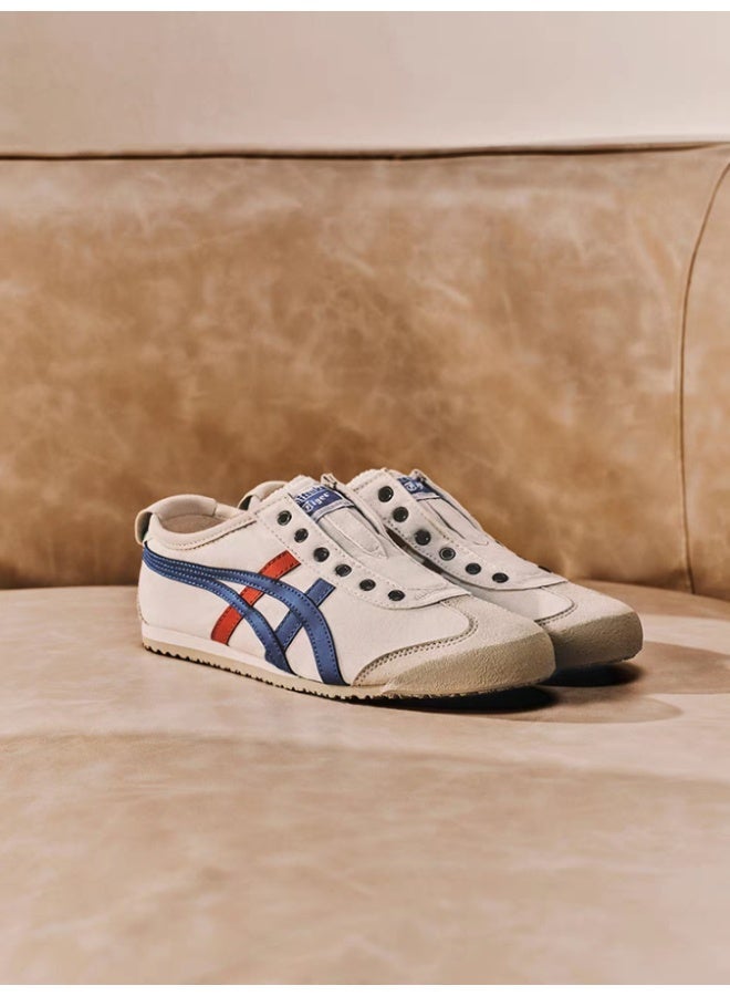 Onitsuka Tiger MEXICO 66 Slip-On Canvas Casual Sneakers Colorblock White/Checkered Blue - Lace-Free Flat Round Toe Lifestyle Shoes for Men and Women, Ages 10+ - Image 2