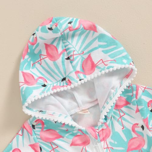 Licupiee Girls Hooded Zip Terry Coverups Swimsuit Kids Baby Girl Floral Print Short Sleeve Swim Cover-Up Swimwear (US, Age, 12 Months, 24 Months, Green Flamingo) - Image 2