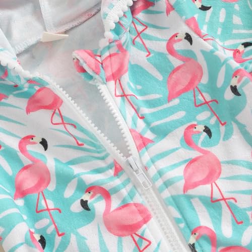Licupiee Girls Hooded Zip Terry Coverups Swimsuit Kids Baby Girl Floral Print Short Sleeve Swim Cover-Up Swimwear (US, Age, 12 Months, 24 Months, Green Flamingo) - Image 5