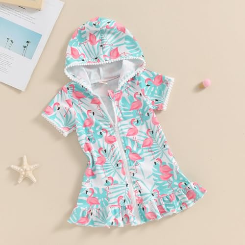 Licupiee Girls Hooded Zip Terry Coverups Swimsuit Kids Baby Girl Floral Print Short Sleeve Swim Cover-Up Swimwear (US, Age, 12 Months, 24 Months, Green Flamingo) - Image 3
