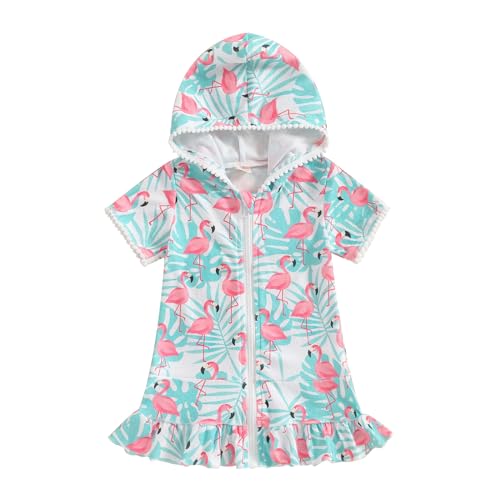 Licupiee Girls Hooded Zip Terry Coverups Swimsuit Kids Baby Girl Floral Print Short Sleeve Swim Cover-Up Swimwear (US, Age, 12 Months, 24 Months, Green Flamingo) - Image 1