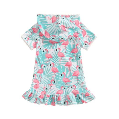 Licupiee Girls Hooded Zip Terry Coverups Swimsuit Kids Baby Girl Floral Print Short Sleeve Swim Cover-Up Swimwear (US, Age, 12 Months, 24 Months, Green Flamingo) - Image 4