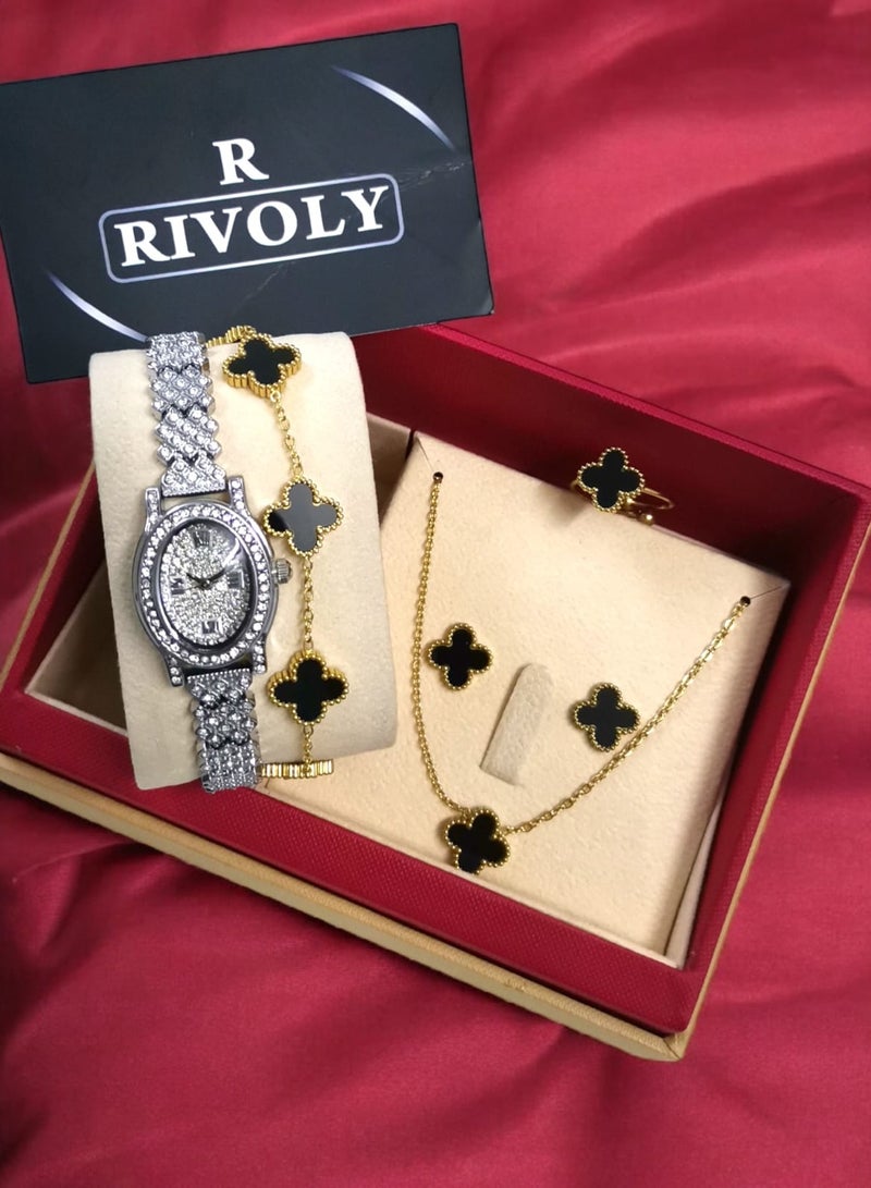 Rivoly Elegant women's stainless-steel set consisting of a waterproof watch with a set of bracelets, rings, necklaces, and earrings - Image 2