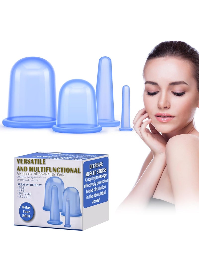 4-Piece Silicone Cupping Cup Set, Anti-Cellulite Suction Cup - Flexible Silicone Massage Cup Set for Body Massage and Cellulite Treatment at Home (Blue) - Image 1