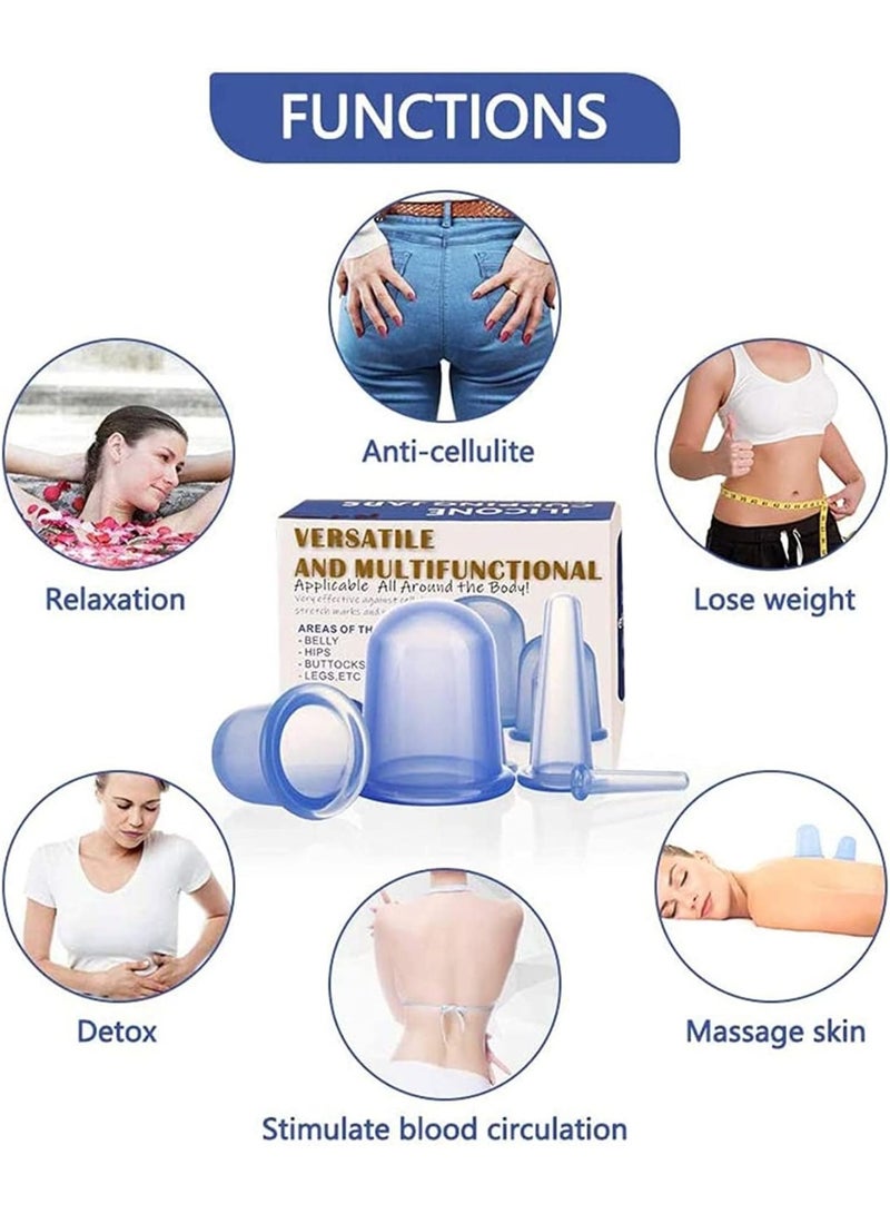 4-Piece Silicone Cupping Cup Set, Anti-Cellulite Suction Cup - Flexible Silicone Massage Cup Set for Body Massage and Cellulite Treatment at Home (Blue) - Image 5