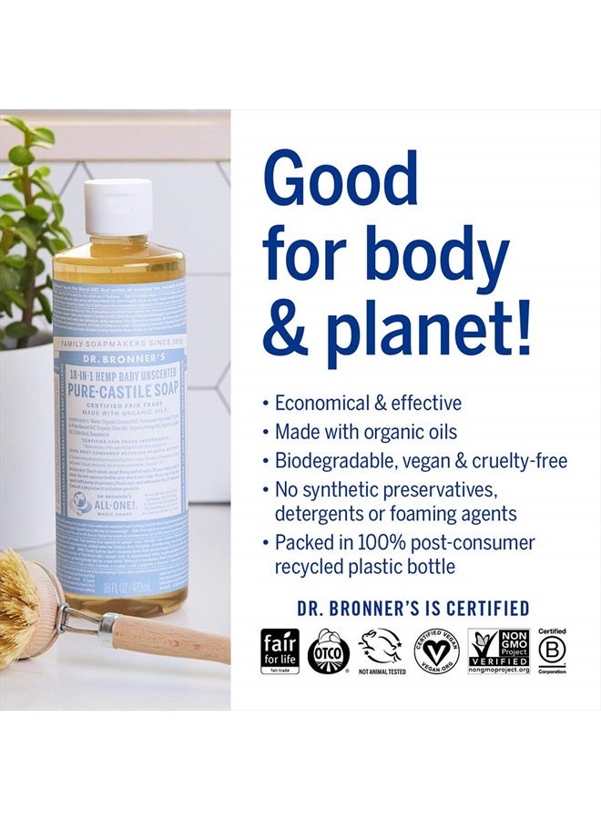 Dr. Bronner's Pure-Castile Liquid Soap (Baby Unscented, 16 ounce, 2-Pack) - Made with Organic Oils, 18-in-1 Uses: Face, Hair, Laundry and Dishes, For Sensitive Skin and Babies, No Added Fragrance - Image 4