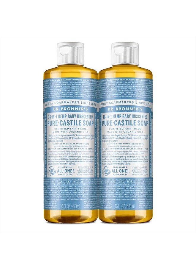 Dr. Bronner's Pure-Castile Liquid Soap (Baby Unscented, 16 ounce, 2-Pack) - Made with Organic Oils, 18-in-1 Uses: Face, Hair, Laundry and Dishes, For Sensitive Skin and Babies, No Added Fragrance - Image 1