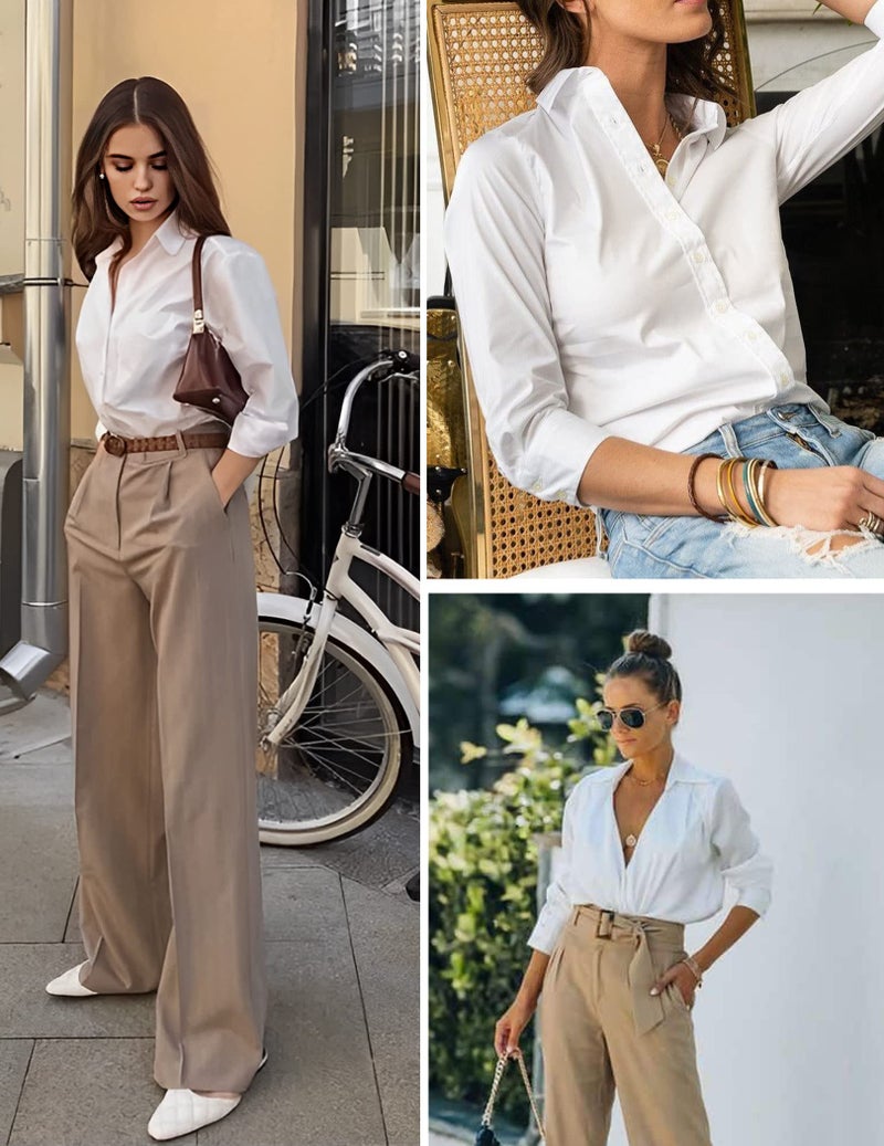 HOTOUCH White Button Down Shirt Women Stretch Button Up Shirts 3/4 Sleeve Dress Shirt for Waitress (White L) - Image 2